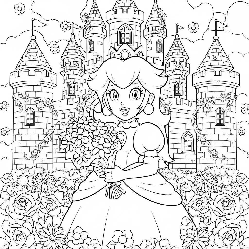 Desenho da Princesa Peach com Flores para Colorir