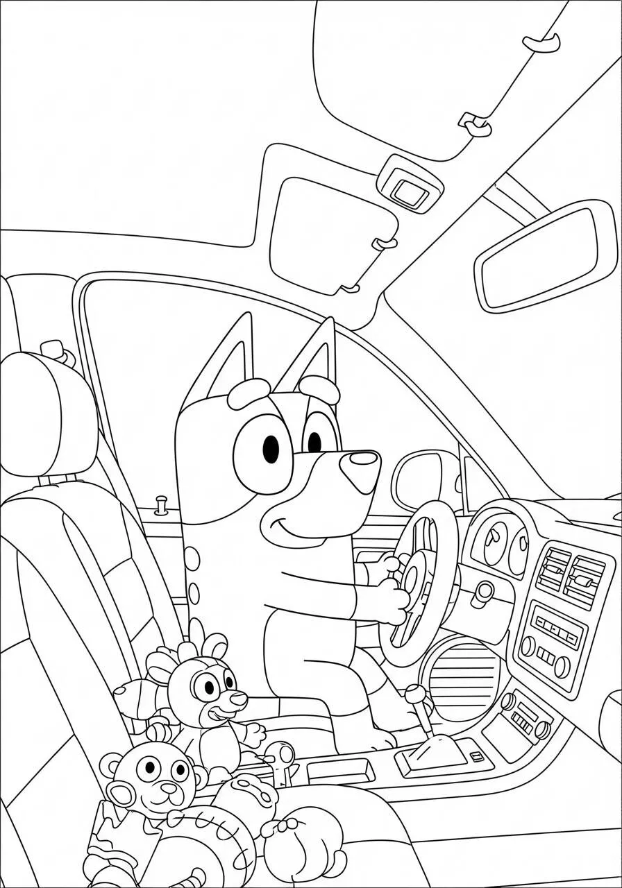 Desenho de Bluey Dirigindo o Carro para Colorir