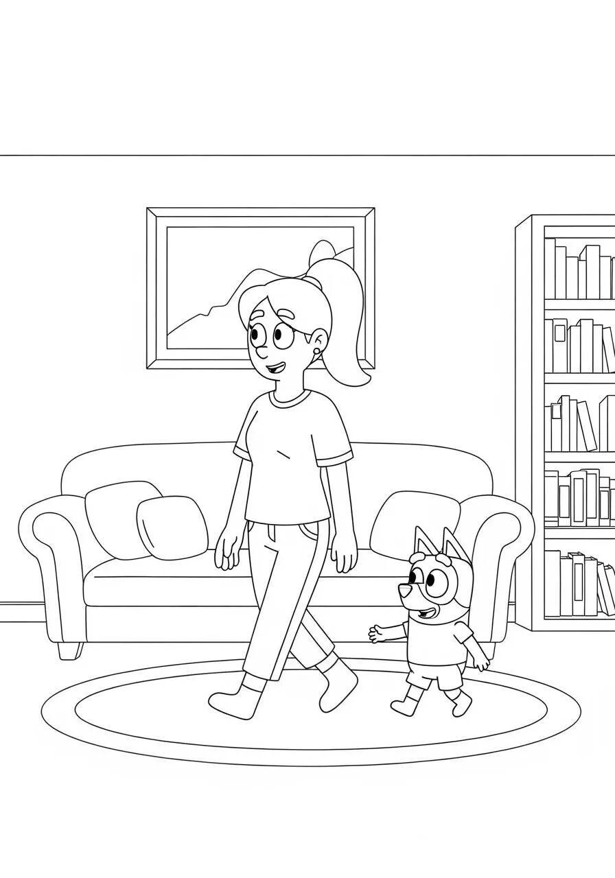 Desenho de Bluey e sua Mãe a Caminhar para Colorir