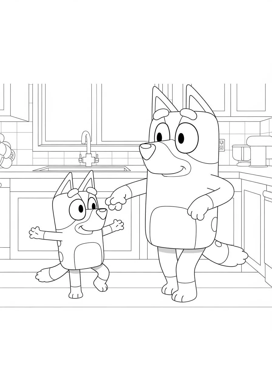 Desenho de Bluey e Bingo a Dançar na Cozinha para Colorir
