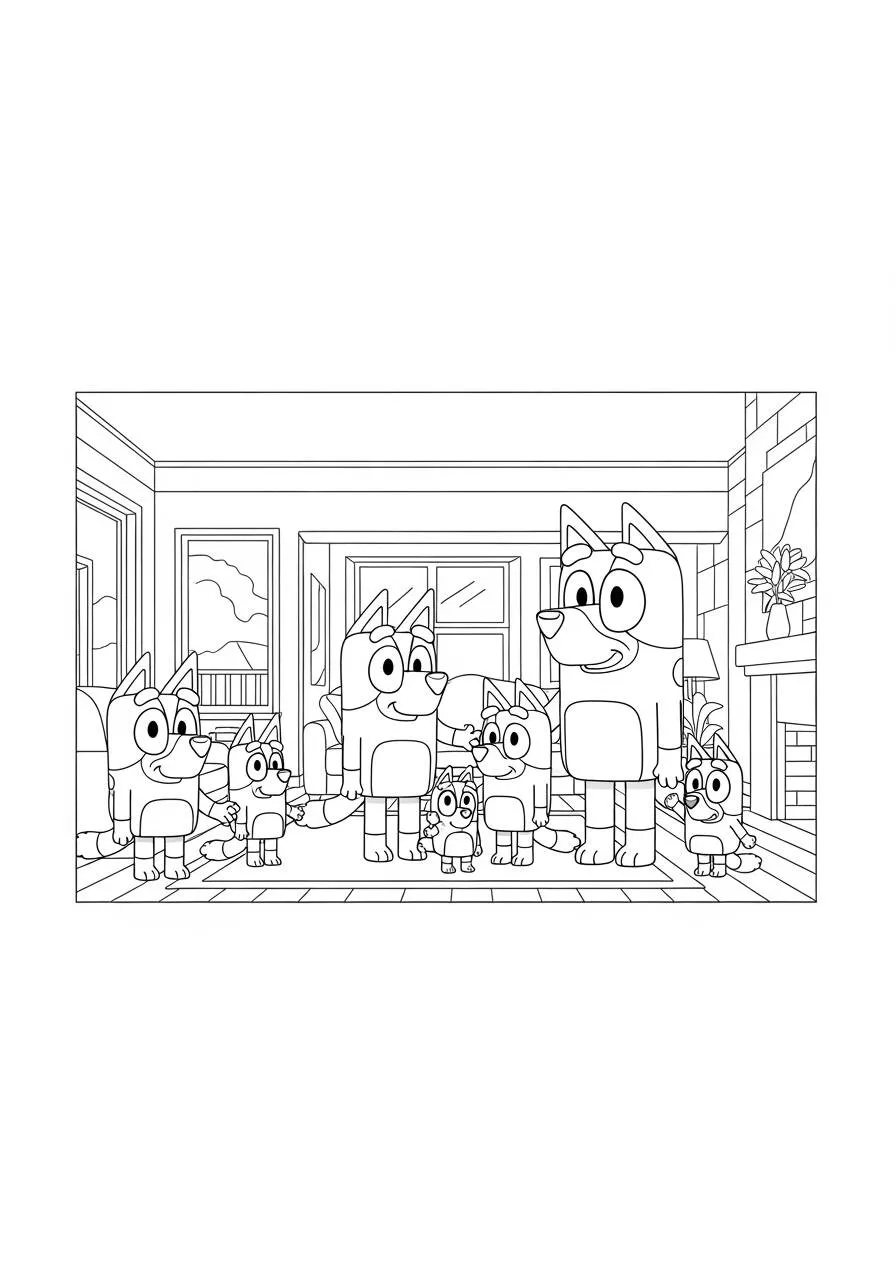 Desenho de Bluey e a Família Bandit na Sala para Colorir