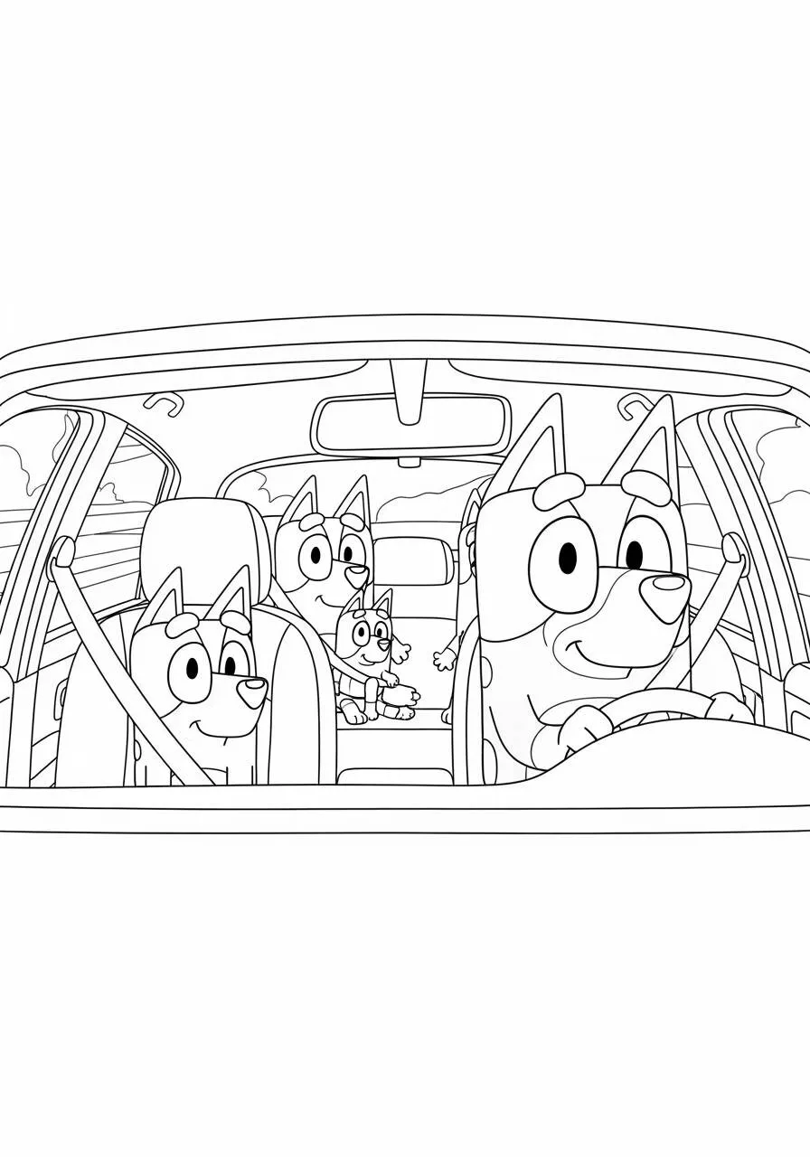 Desenho de Bluey e sua Família a Viajar de Carro para Colorir