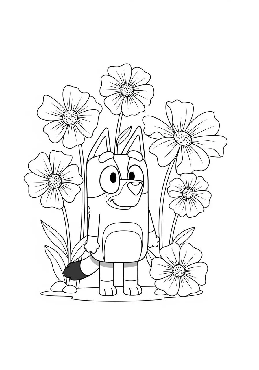 Desenho de Bluey entre Flores para Colorir