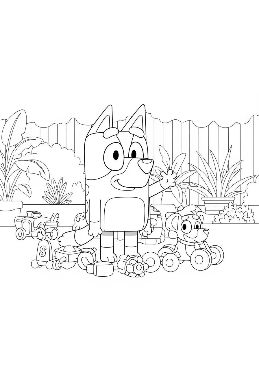 Desenho de Bluey Brincando com Brinquedos para Colorir
