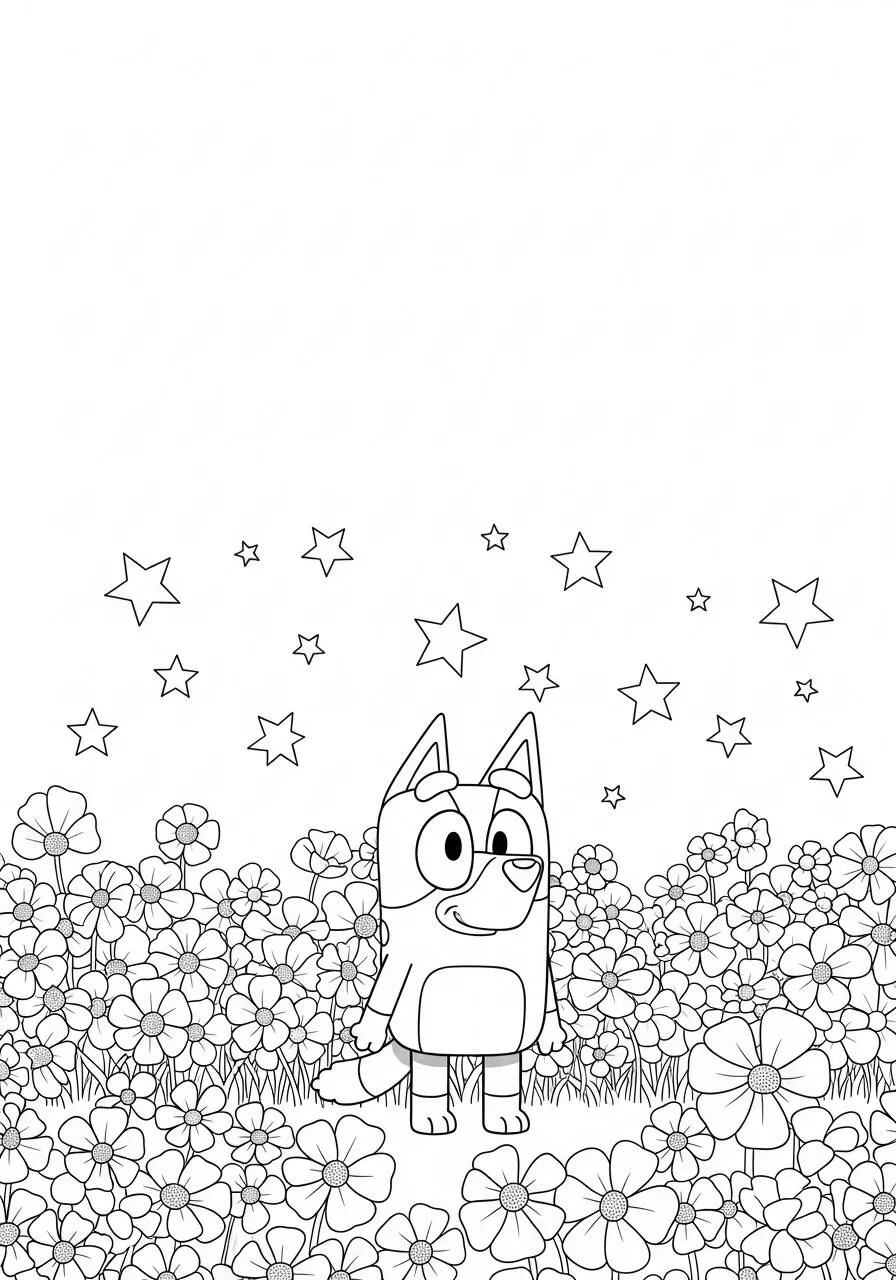 Desenho de Bluey entre Flores e Estrelas para Colorir