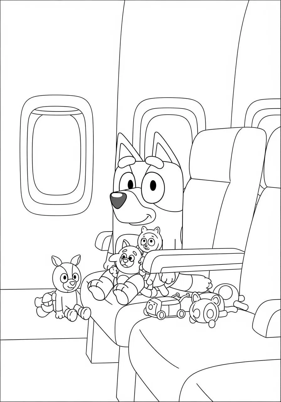 Desenho de Bluey e Bingo a Viajar de Avião para Colorir
