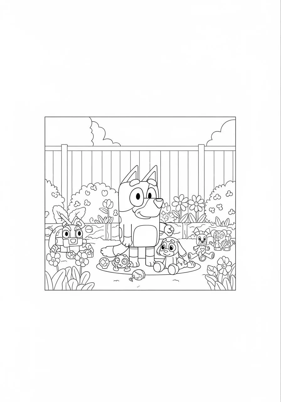 Desenho de Bluey Brincando no Jardim com Amigos para Colorir