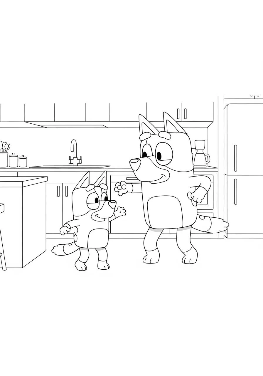 Desenho de Bluey e Bingo na Cozinha para Colorir