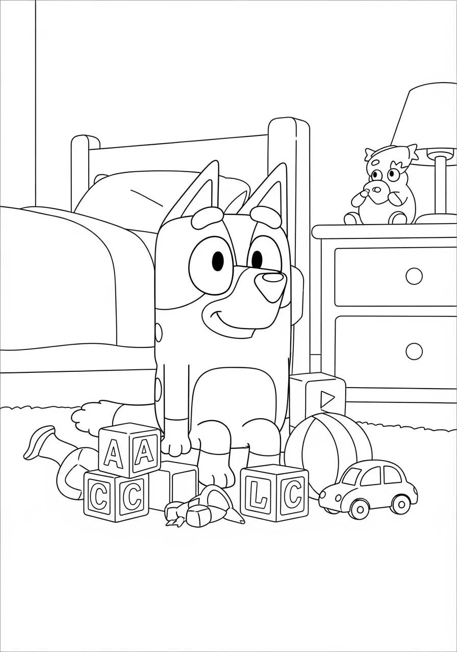 Desenho de Bluey Brincando com Blocos e Brinquedos para Colorir