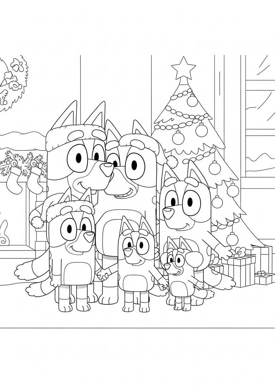 Desenho de Bluey e sua Família Celebrando o Natal para Colorir