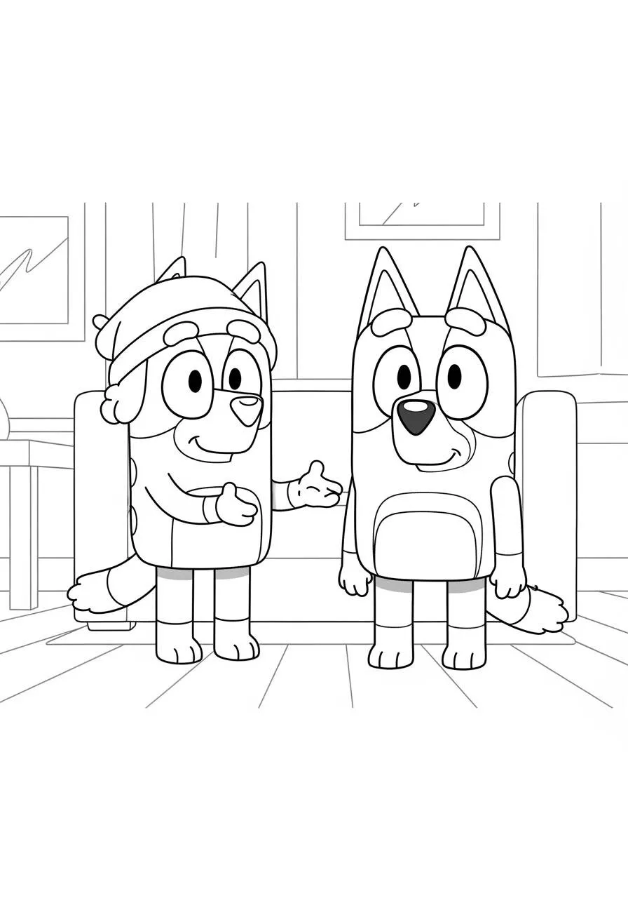 Desenho de Bluey e Bingo a Conversar para Colorir
