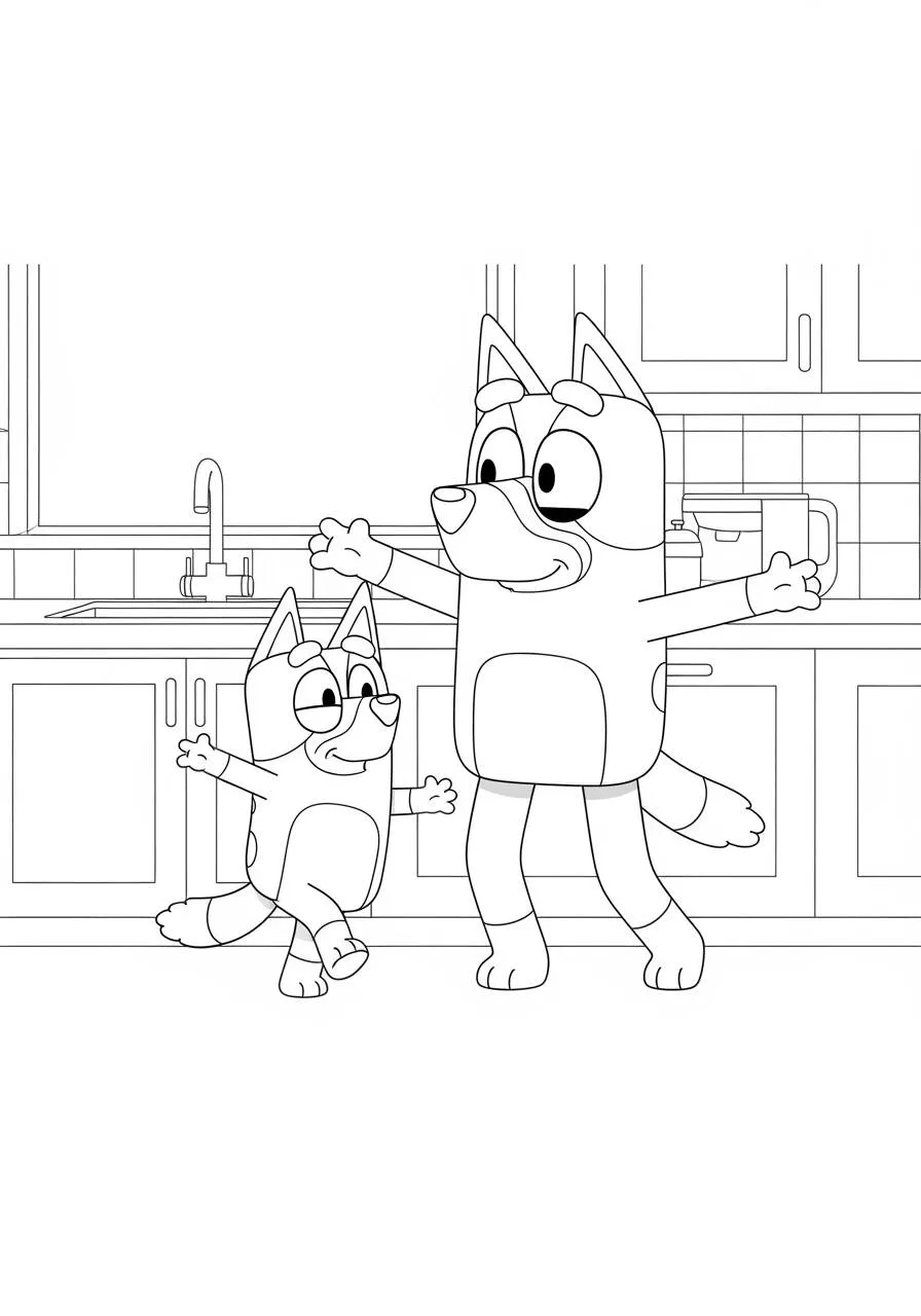 Desenho de Bluey e Bingo a Dançar na Cozinha para Colorir
