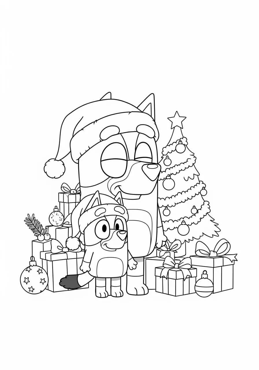 Desenho de Bluey e Bingo com Presentes de Natal para Colorir
