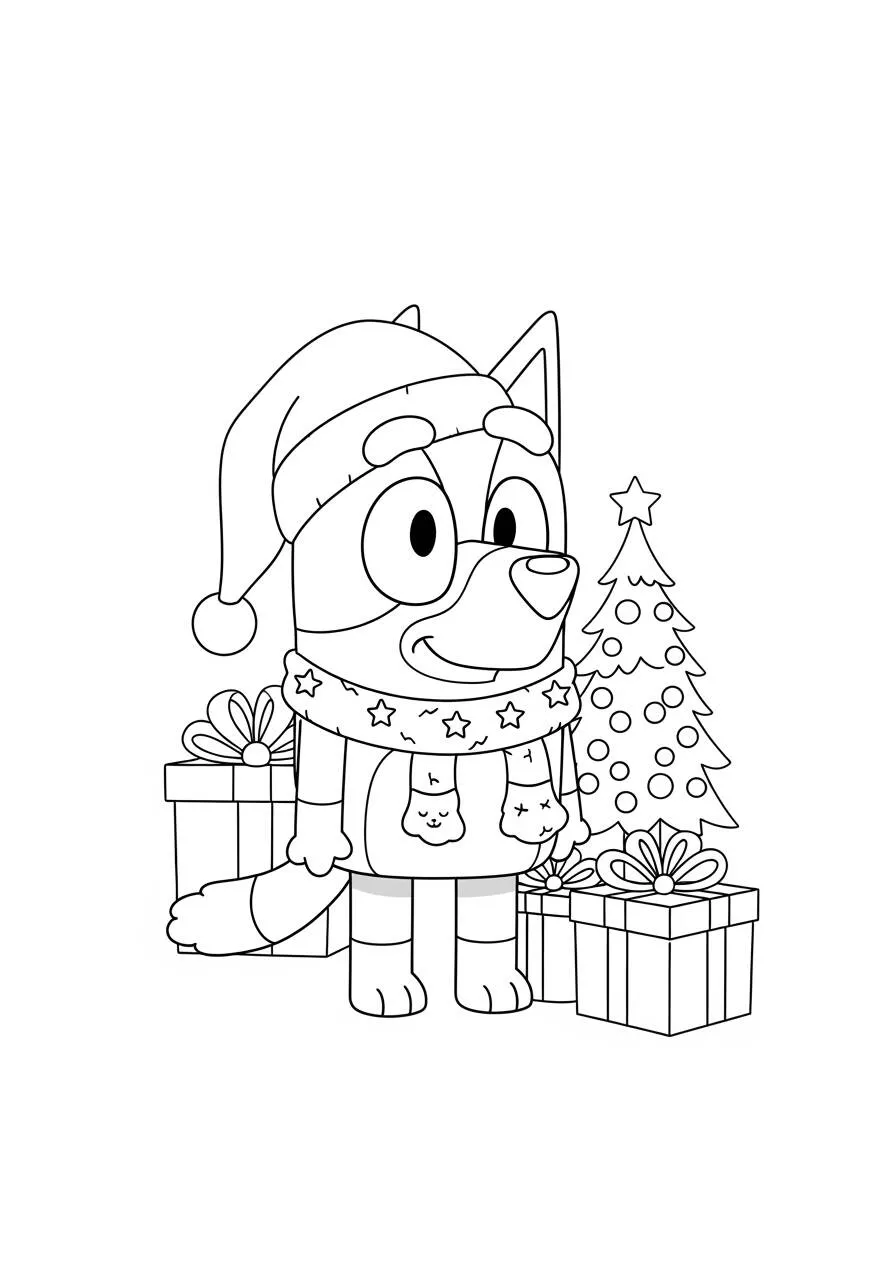 Desenho de Bluey com Presente e Árvore de Natal para Colorir