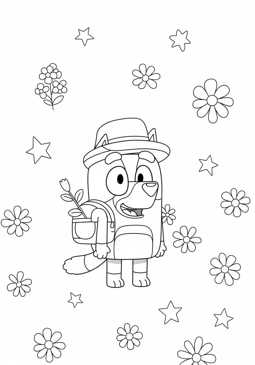 Desenho de Bluey com Mochila e Flores para Colorir