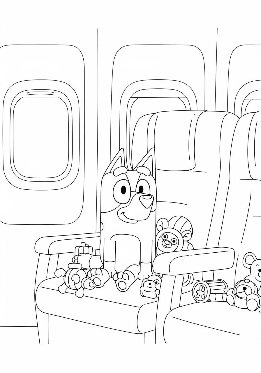 Desenho de Bluey Sentado no Avião com Brinquedos para Colorir