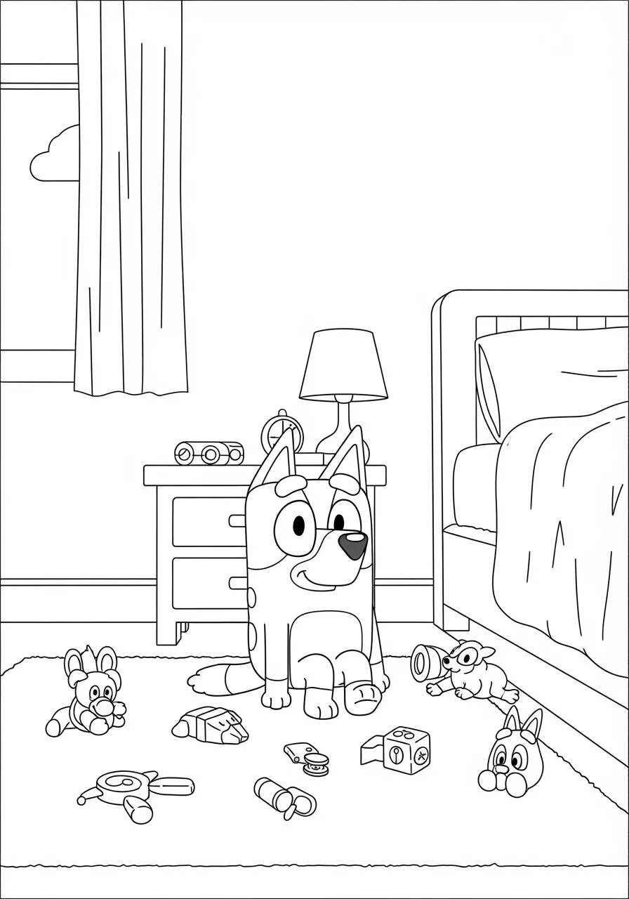 Desenho de Bluey Brincando com Brinquedos para Colorir