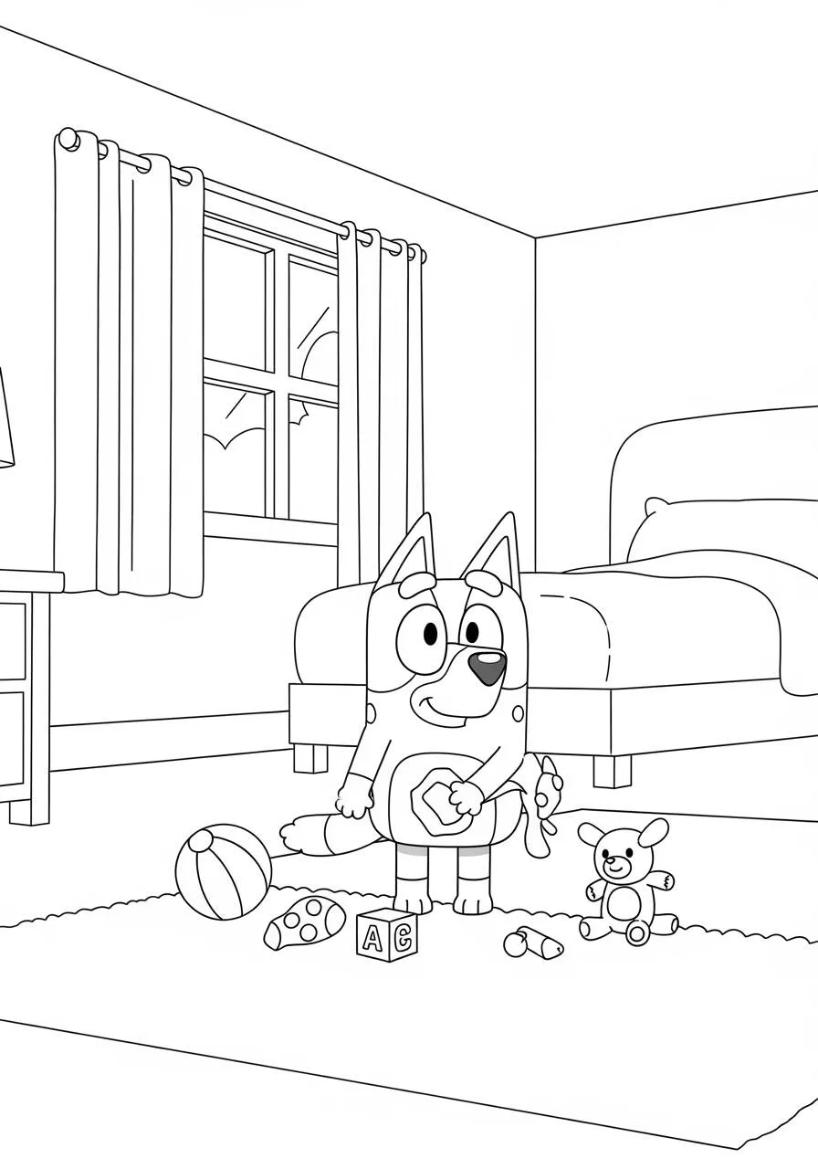 Desenho de Bluey Brincando com Brinquedos para Colorir