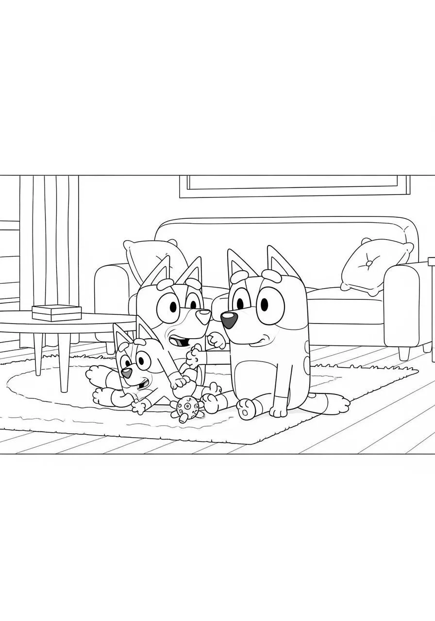 Desenho de Bluey e Bingo Brincando no Sofá para Colorir