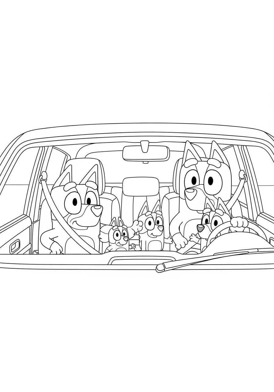 Desenho de Bluey e sua Família no Carro para Colorir