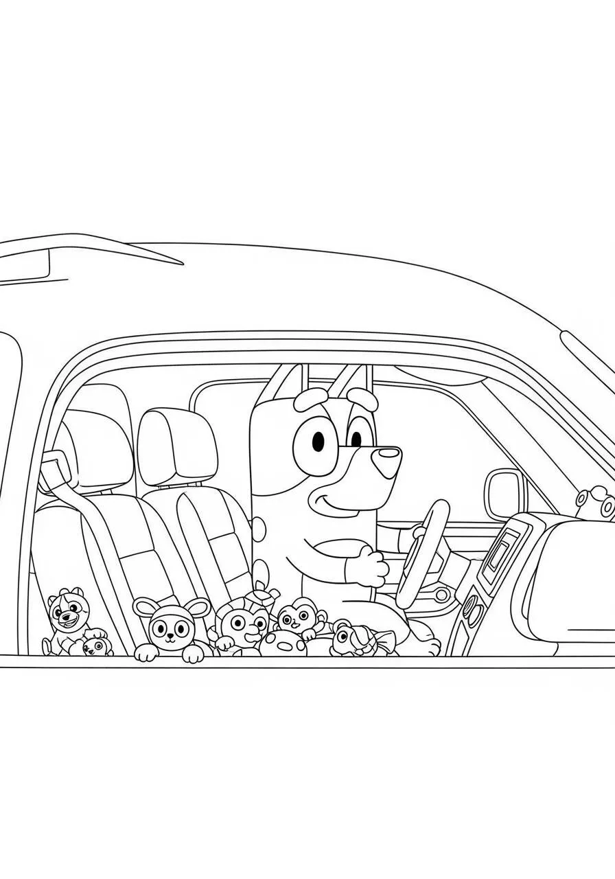 Desenho de Bluey Dirigindo com Seus Brinquedos para Colorir