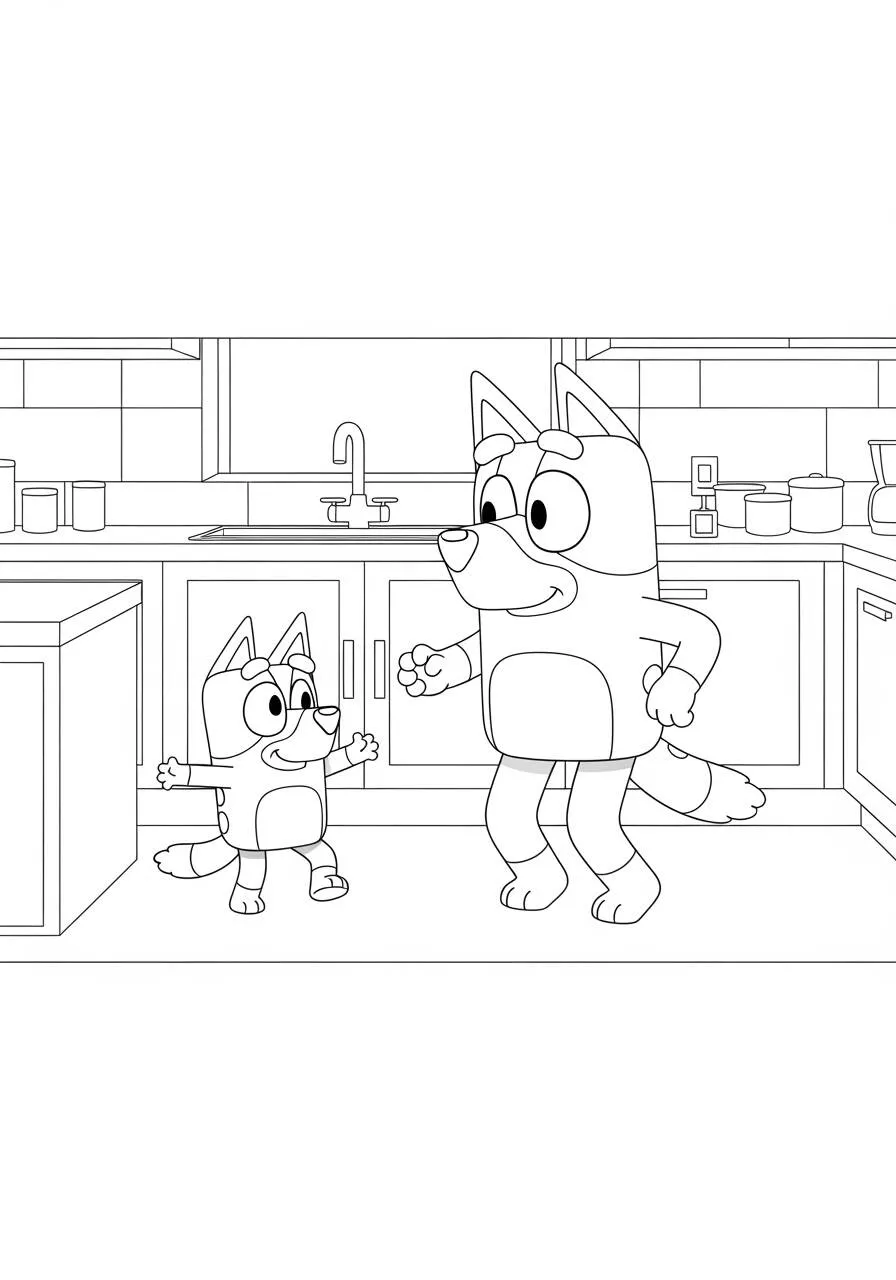 Desenho de Bluey e Bingo a Cozinhar na Cozinha para Colorir
