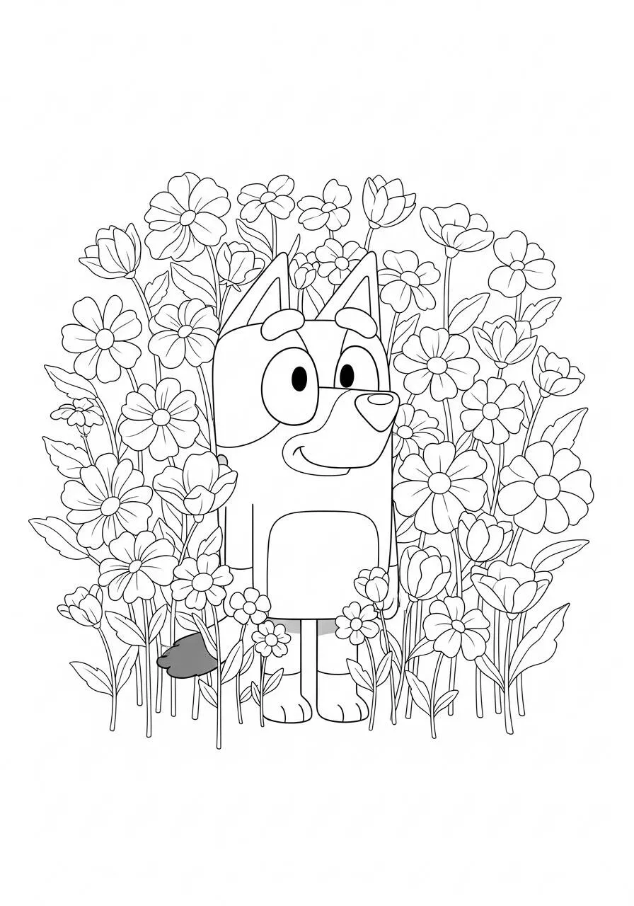 Desenho de Bluey Entre Flores para Colorir