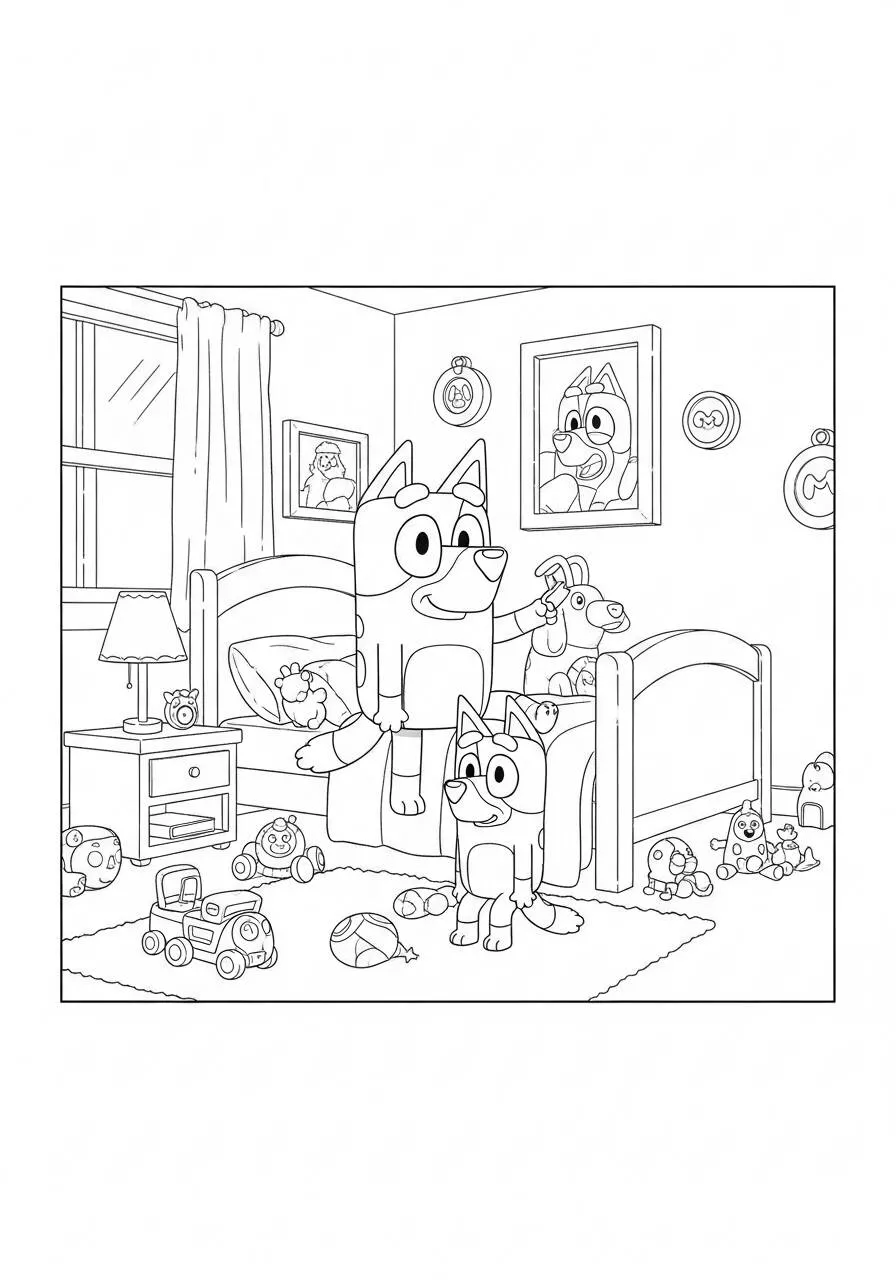 Desenho de Bluey e Bingo Brincando no Quarto para Colorir