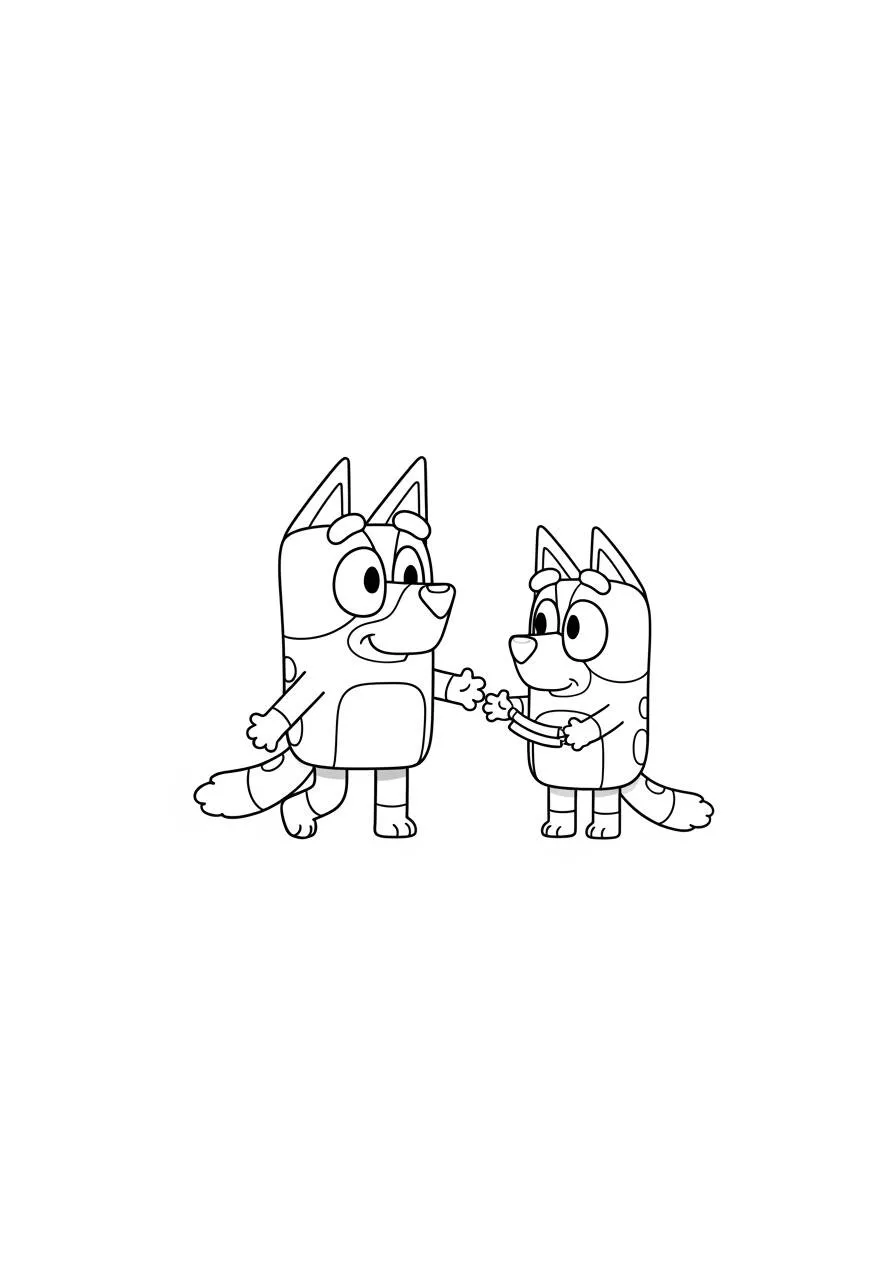 Desenho de Bluey e Bingo a Brincar de Mão Dada para Colorir