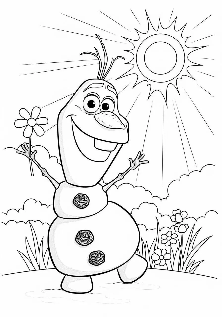 Desenho Frozen com o Olaf o Boneco de Neve Feliz segurando uma Flor para Colorir