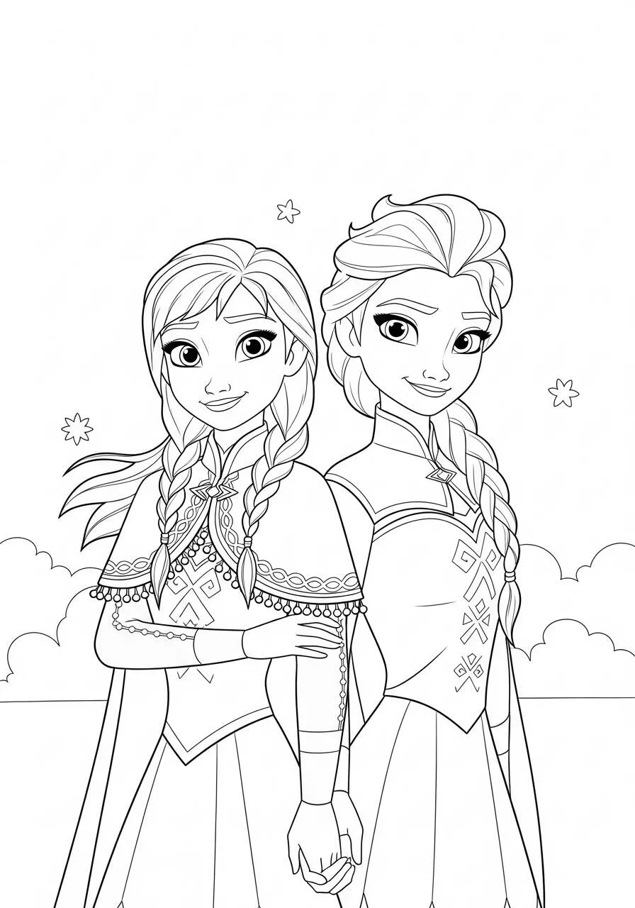 Desenho Frozen com Elsa e Anna Irmãs de Mãos Dadas para Colorir