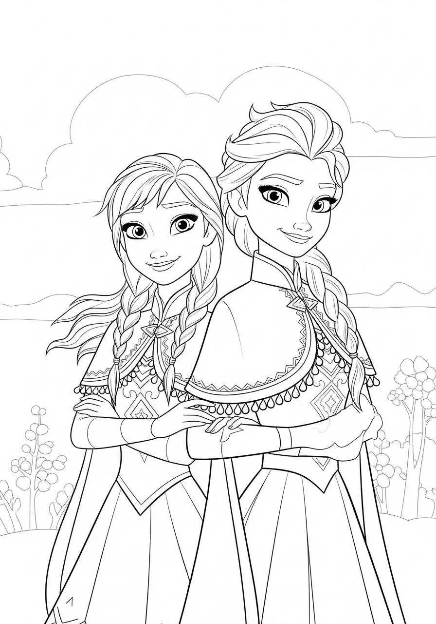 Desenho Frozen com Elsa e Anna Irmãs Abraçadas para Colorir