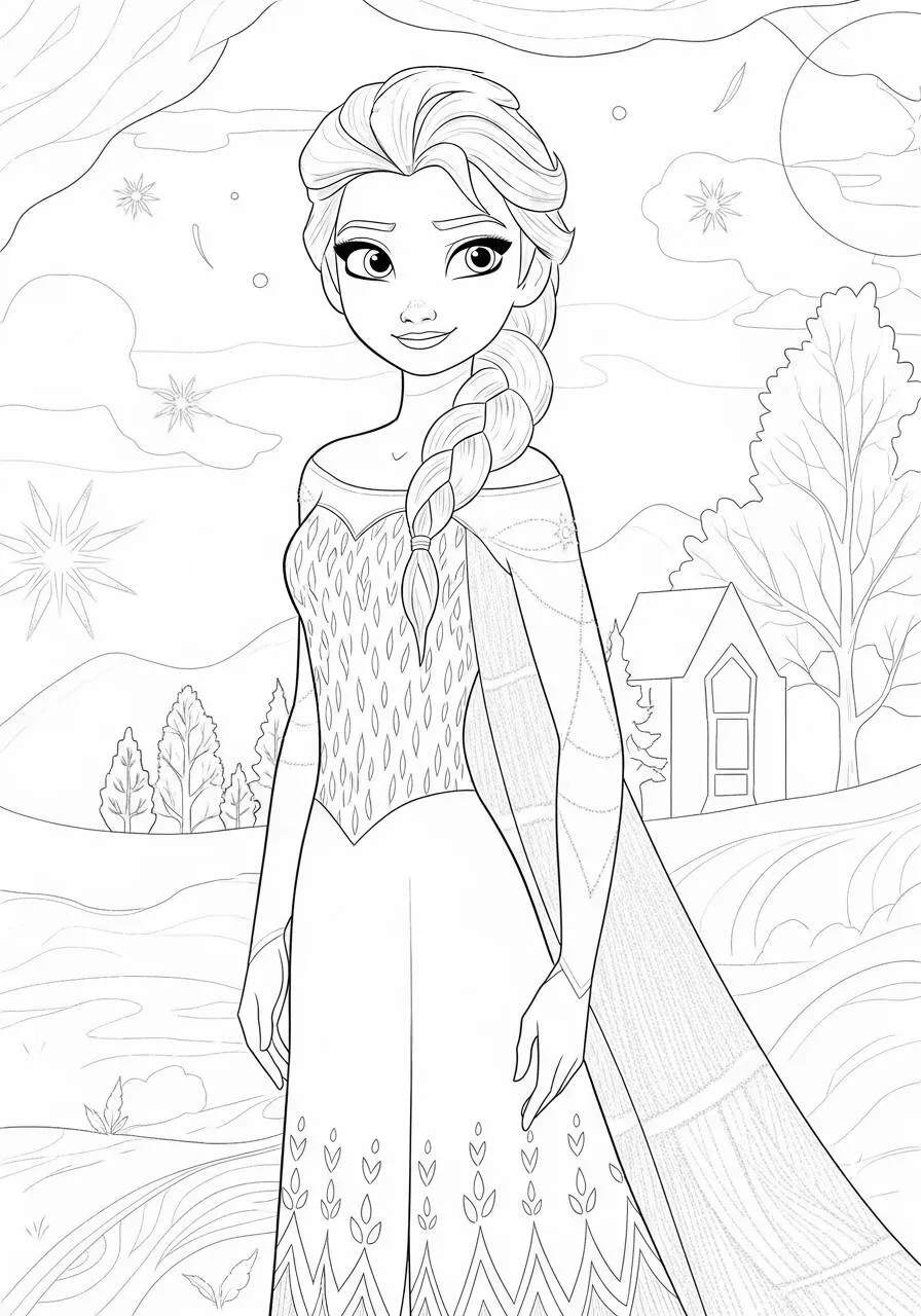 Desenho Frozen com a Elsa em um Cenário Mágico para Colorir