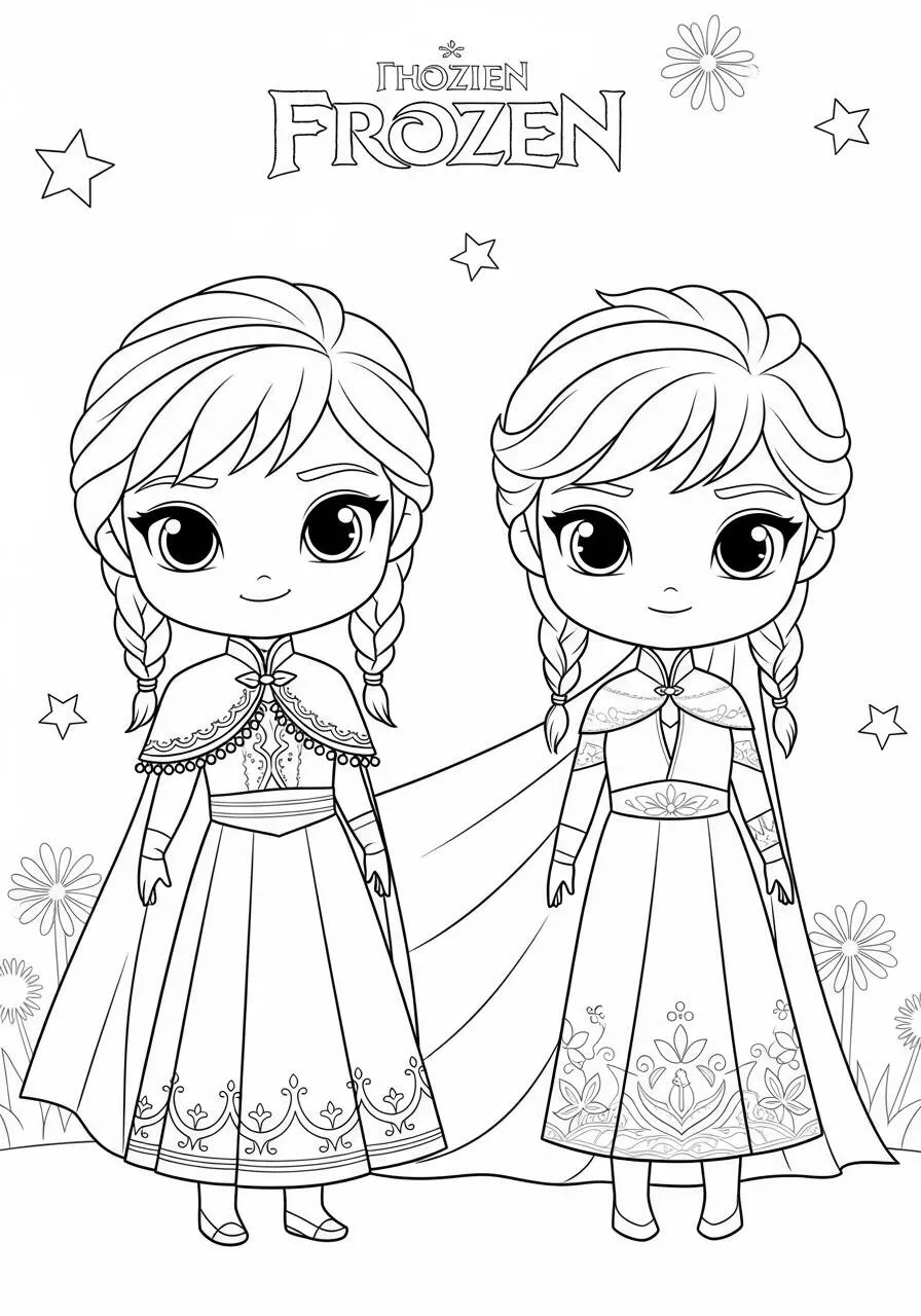 Desenho Frozen com Anna e Elsa em Trajes de Festa para Colorir