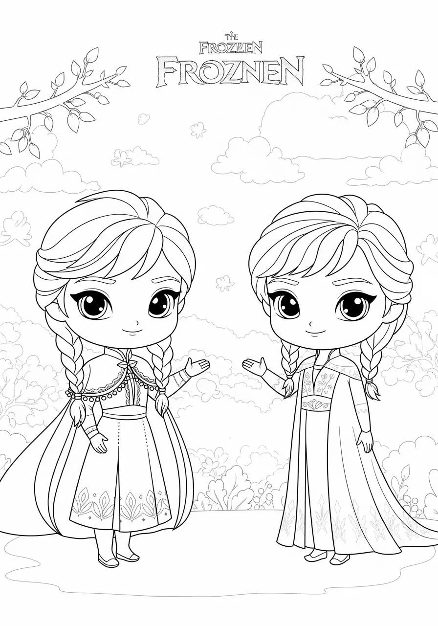 Desenho Frozen com Elsa e Anna em Estilo Chibi para Colorir