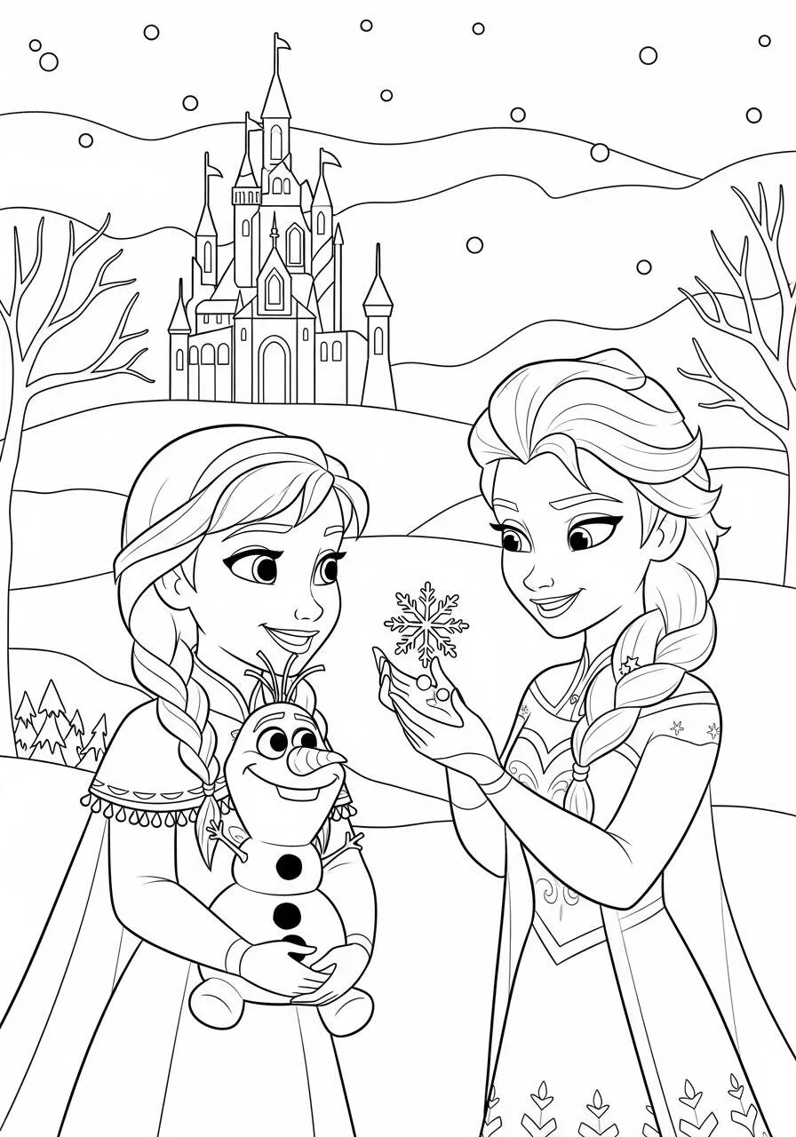 Desenho Frozen com Elsa, Anna e Olaf em Frente ao Castelo de Gelo para Colorir