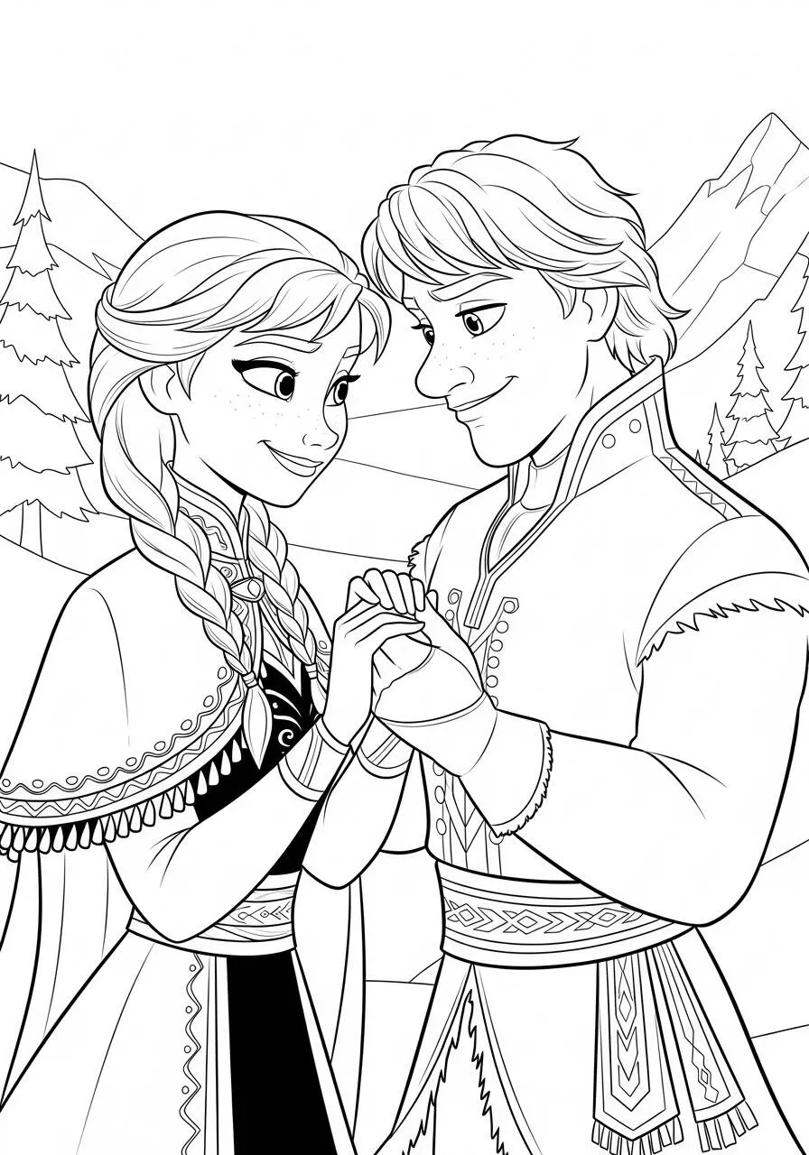 Desenho Frozen com Elsa e Kristoff Compartilhando um Momento Especial para Colorir