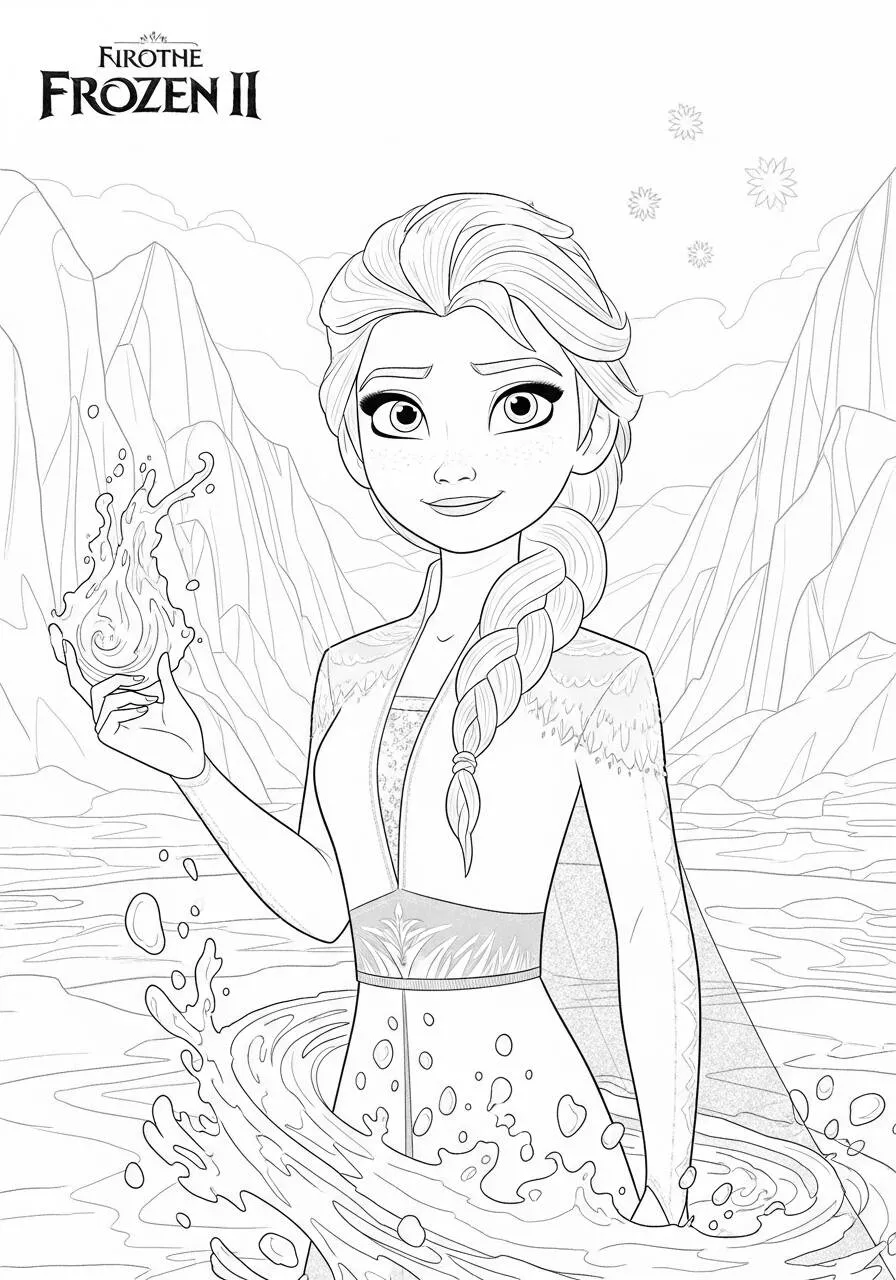 Desenho Frozen II com Elsa Controlando a Água para Colorir