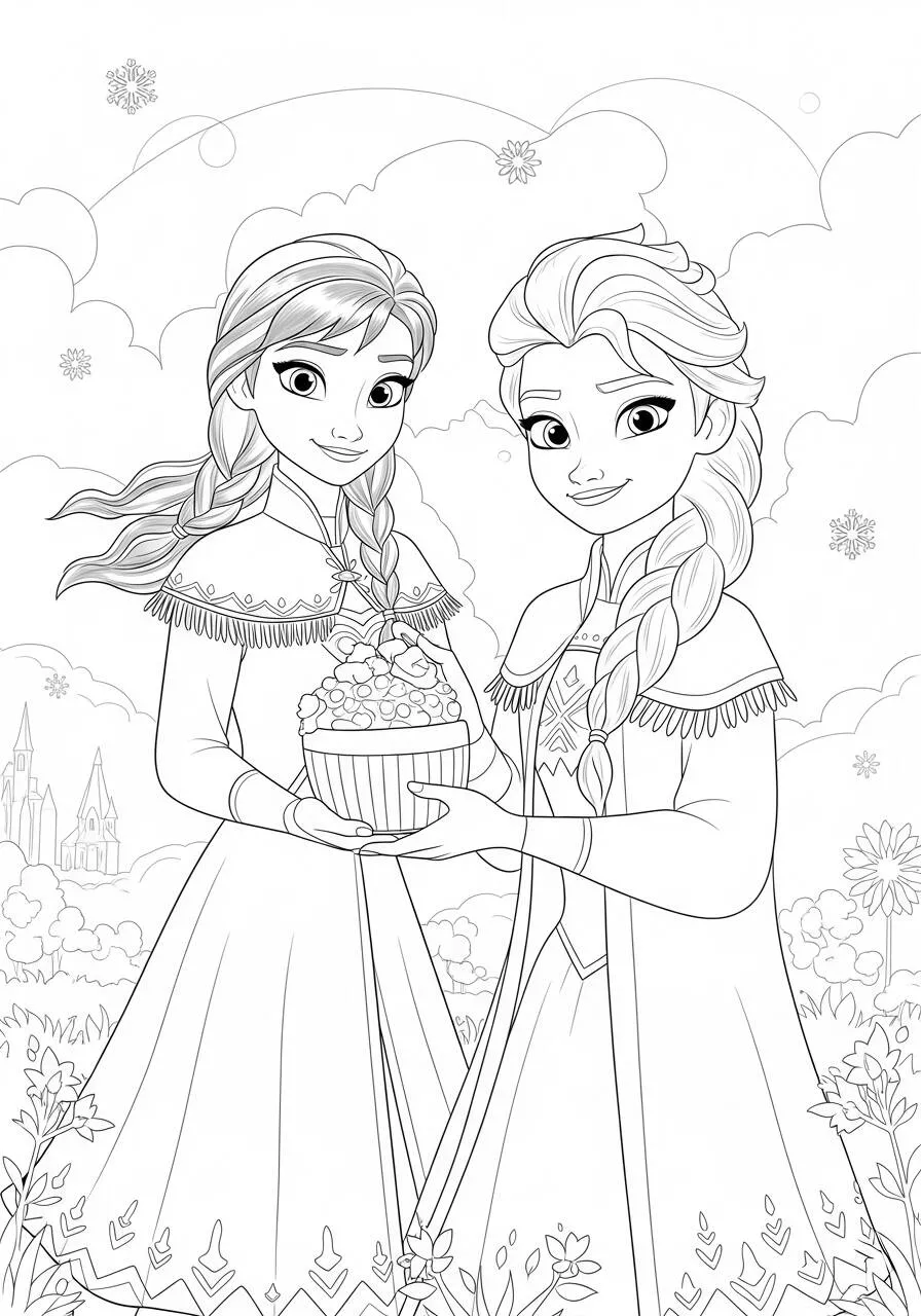 Desenho Frozen com Elsa e Anna Compartilhando um Bolo para Colorir