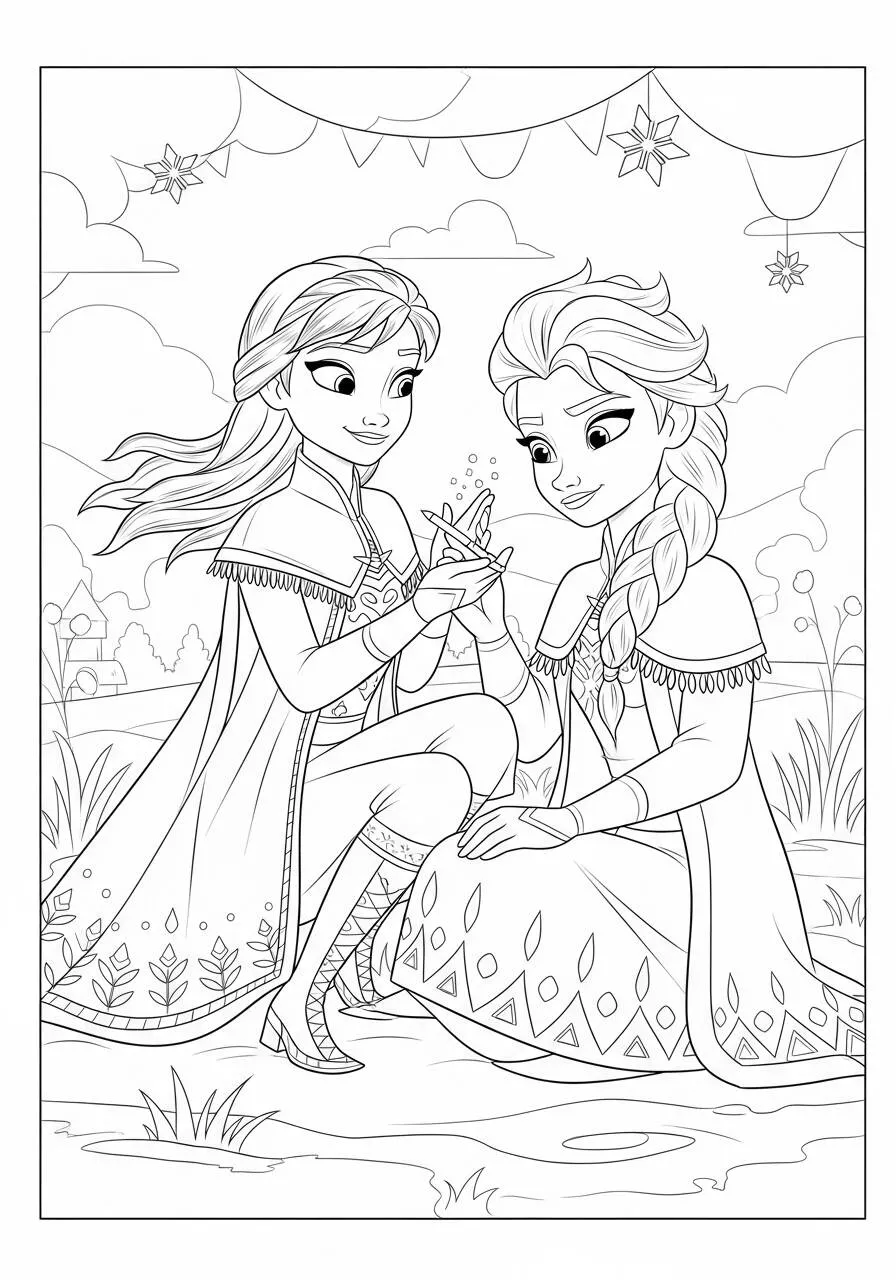 Desenho Frozen com Elsa e Anna Compartilhando um Momento Especial para Colorir