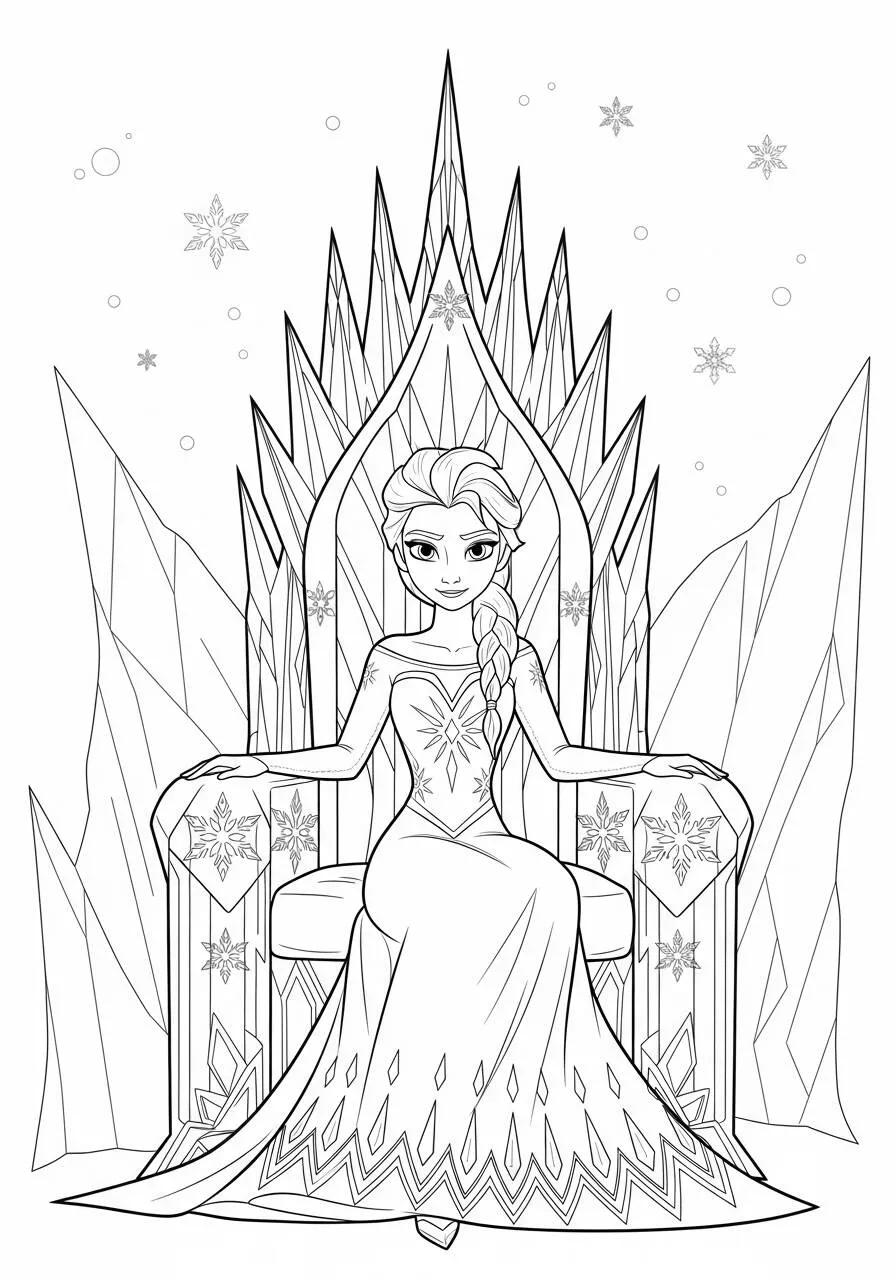 Desenho Frozen com a Elsa Sentada no Trono de Gelo para Colorir