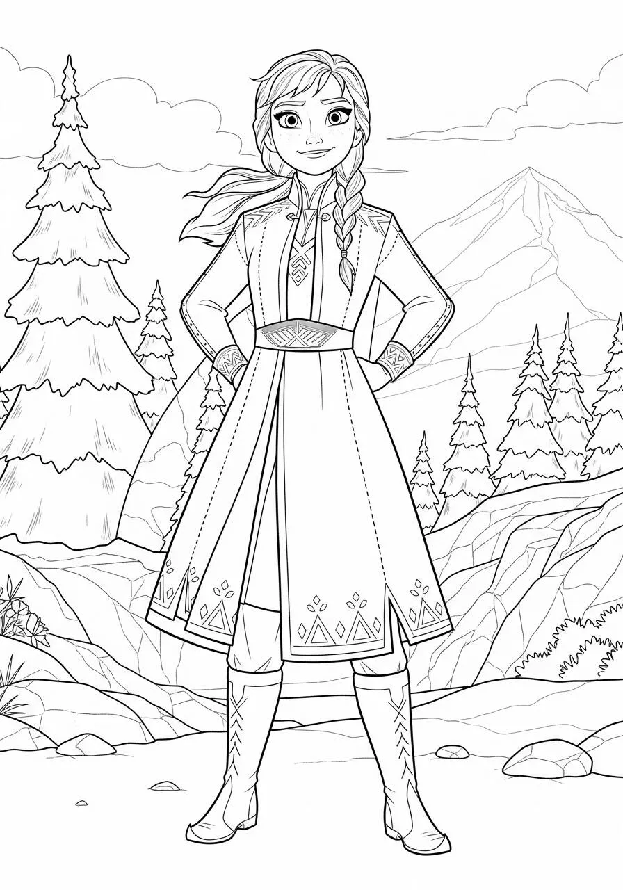 Desenho Frozen com Anna em um Cenário de Montanha para Colorir