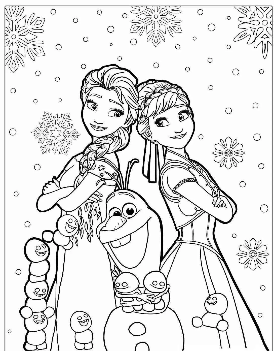 Desenho Frozen com Elsa, Anna e Olaf para Colorir