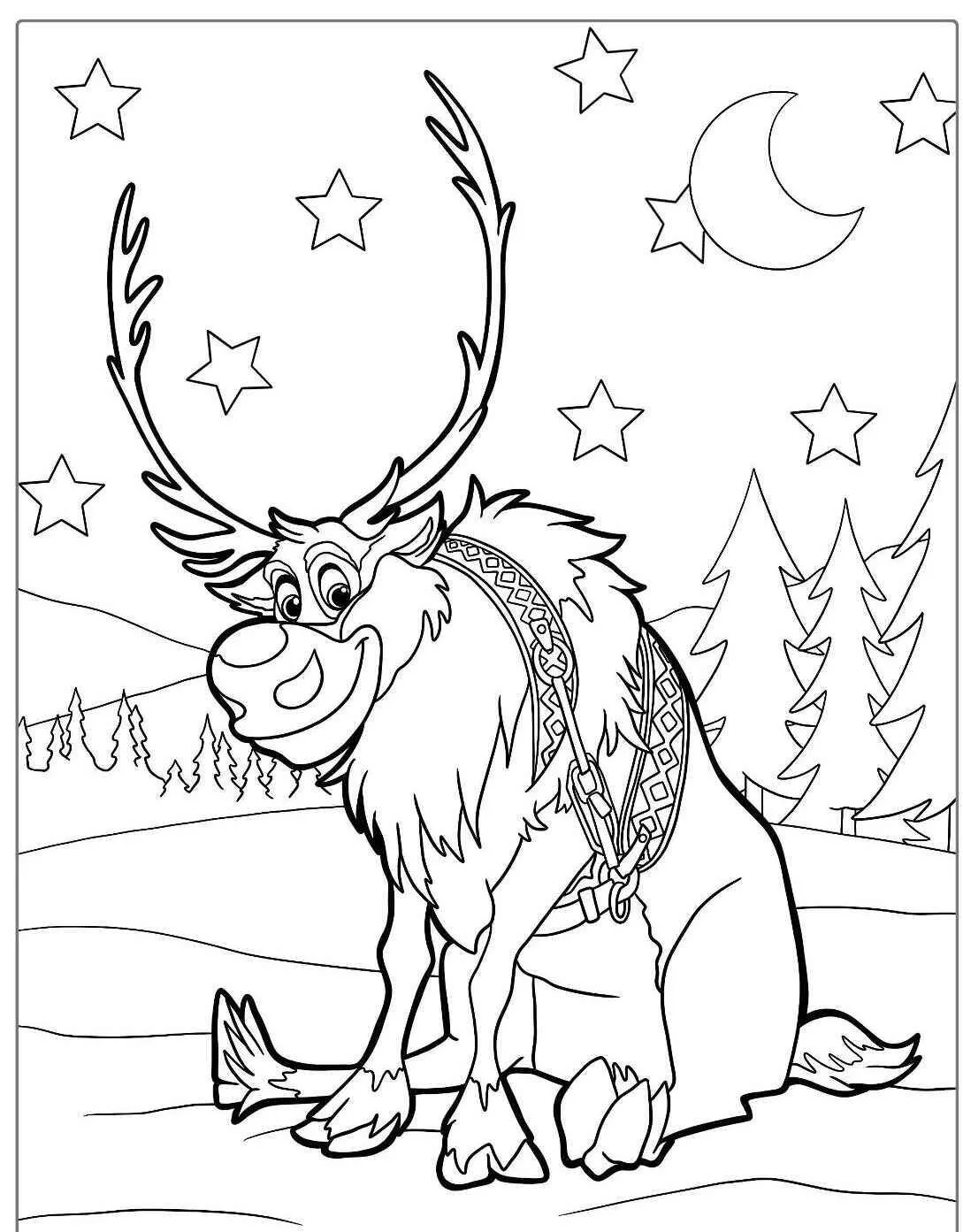 Desenho Frozen com a Rena Sven Pronta para Colorir