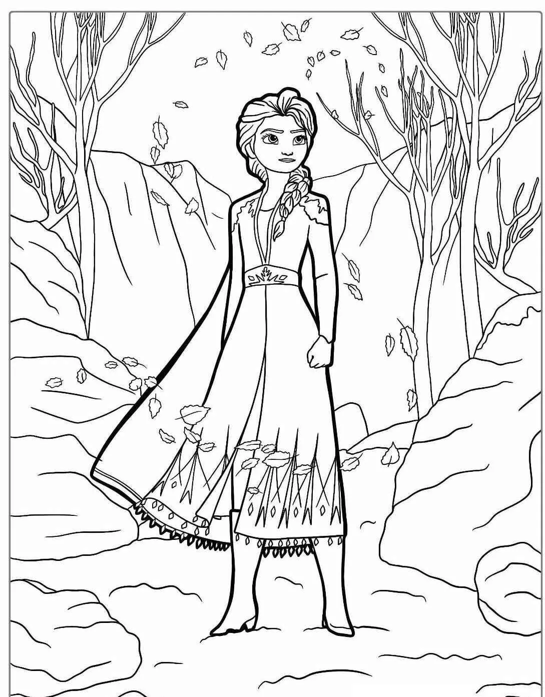 Desenho Frozen com Elsa em um Cenário de Outono para Colorir