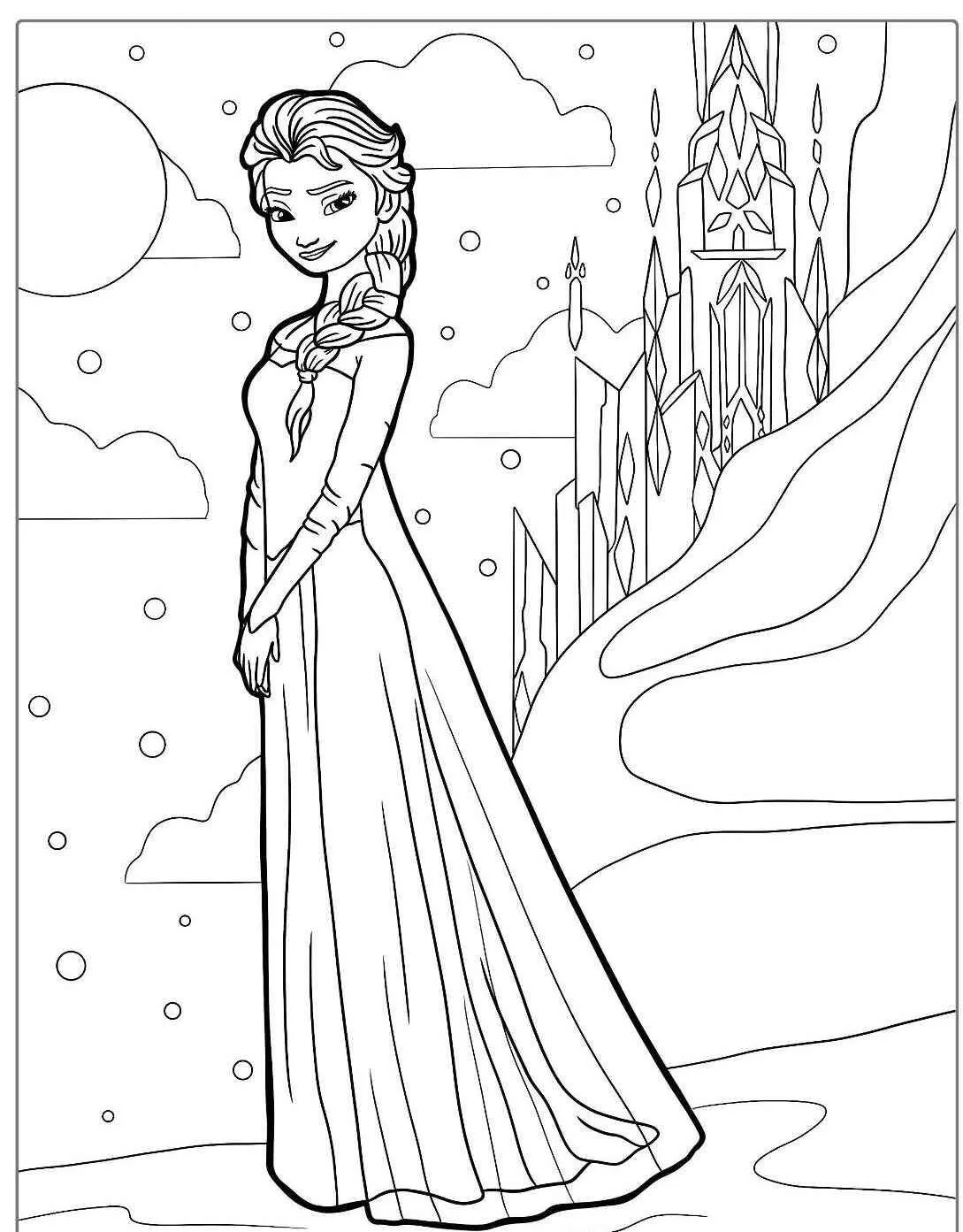 Desenho Frozen com a Elsa em Frente ao Castelo de Gelo para Colorir