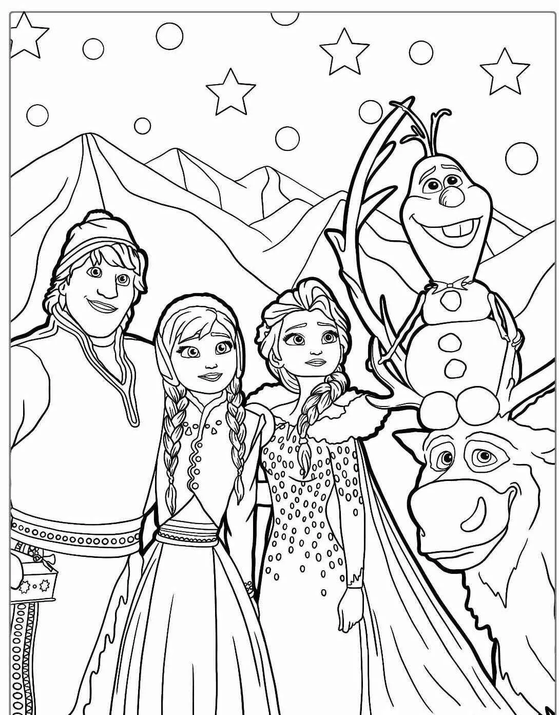 Desenho Frozen com Elsa, Anna, Kristoff, Olaf e Sven para Colorir