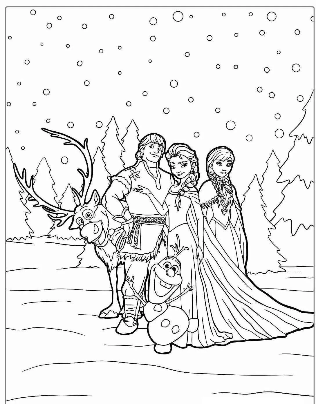 Desenho Frozen com Anna, Elsa, Kristoff e Olaf para Colorir