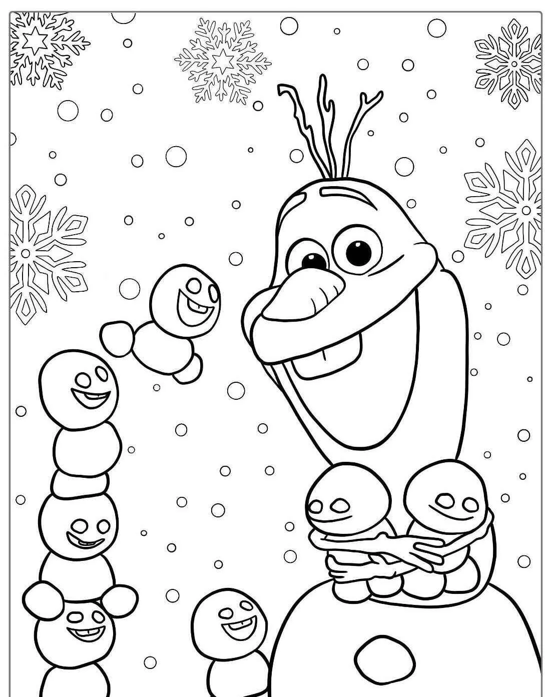 Desenho Frozen com Olaf e Bonecos de Neve para Colorir