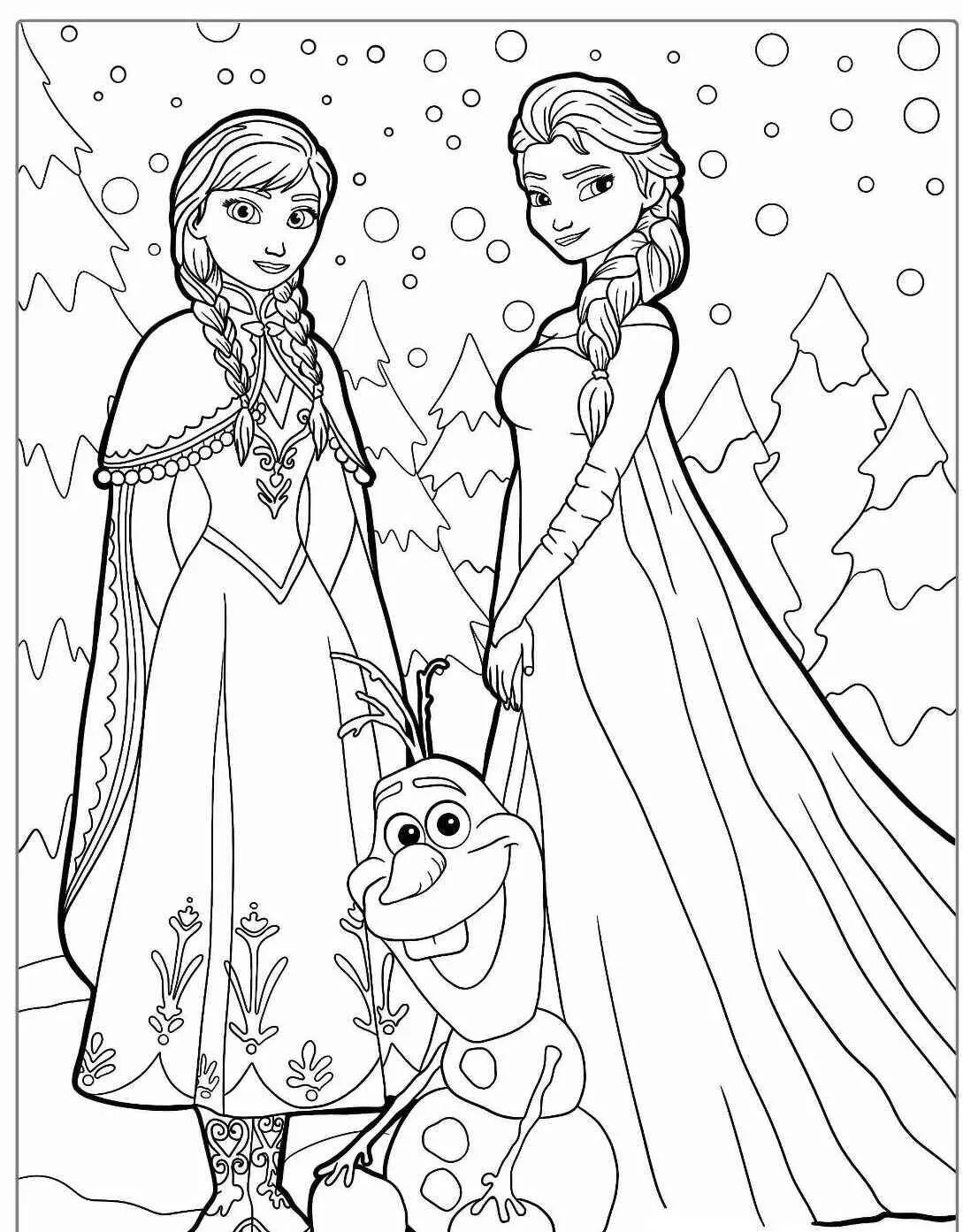 Desenho Frozen com Elsa, Anna e Olaf para Colorir